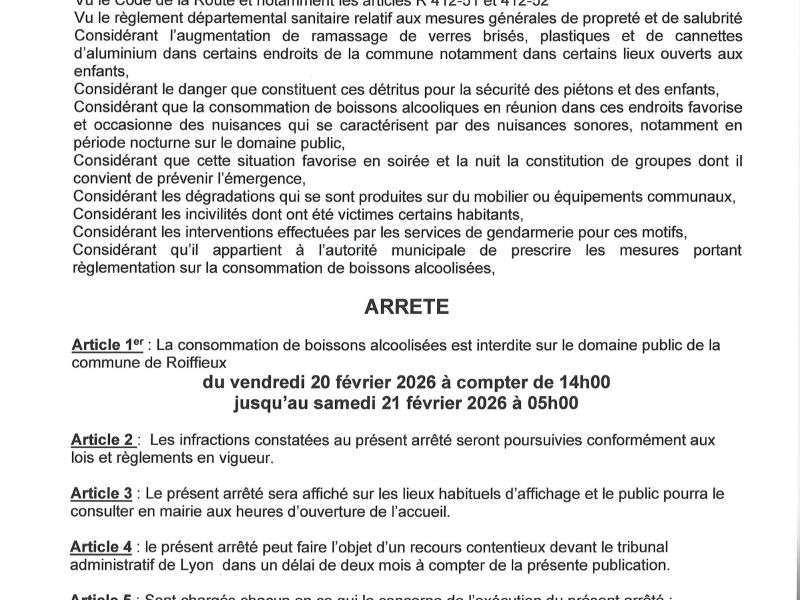 Art interdisant l'alcool sur la voie publique du 20 au 21 février 2026